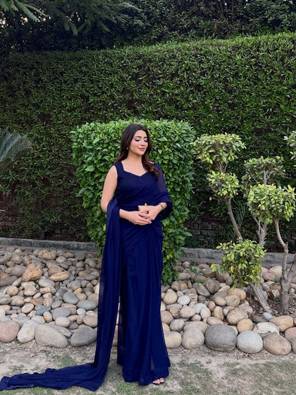 Sleeveless Blouse Navy Blue Chiffon Saree Stitched