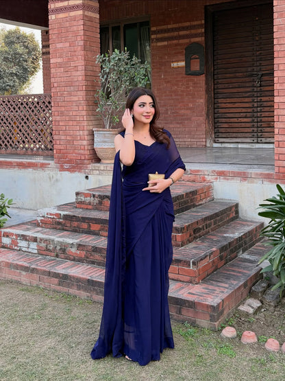 Sleeveless Blouse Navy Blue Chiffon Saree Stitched