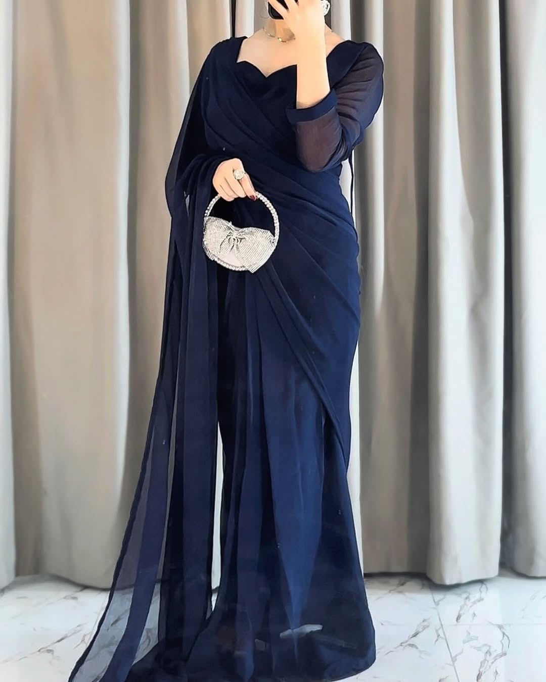 Plain Heart Shaped Neck Grace Signature Chiffon Saree (Stitched)
