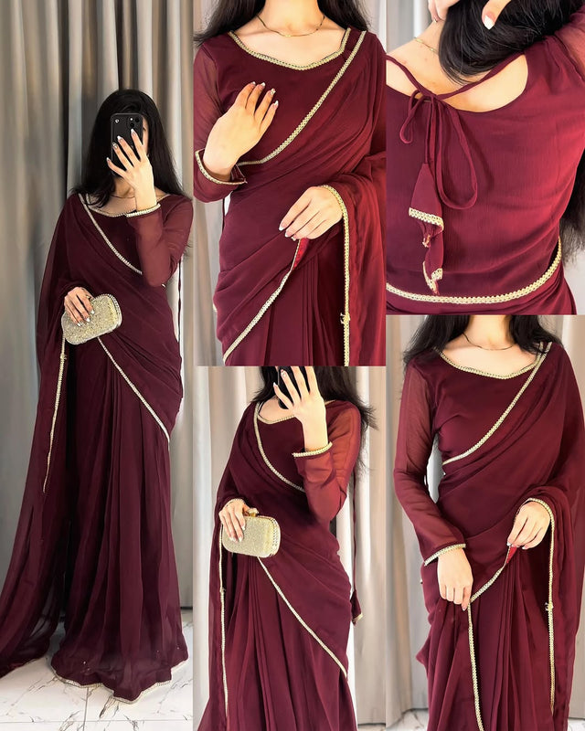 Lace Work Chiffon Saree Stitched