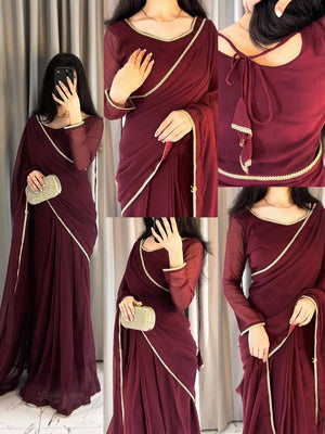 Lace Work Chiffon Saree Stitched
