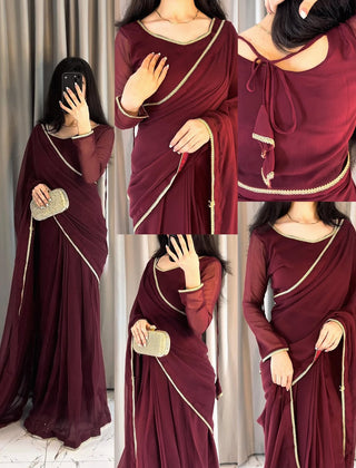 Lace Work Chiffon Saree Stitched