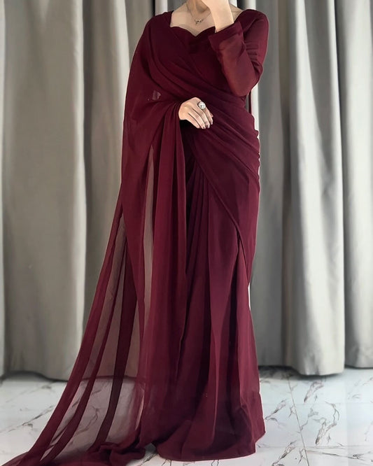 Plain Heart Shaped Neck Grace Signature Chiffon Saree (Stitched)