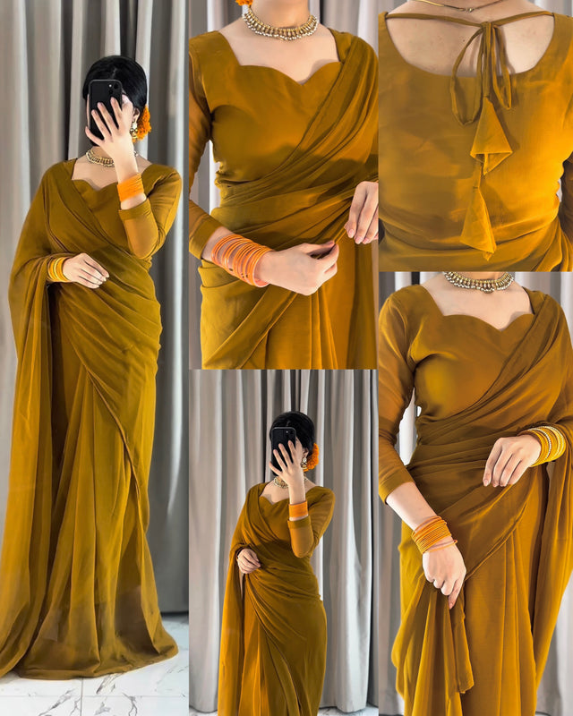 Plain Heart Shaped Neck Grace Signature Chiffon Saree (Stitched)