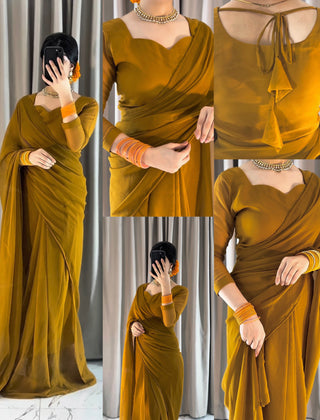 Plain Heart Shaped Neck Grace Signature Chiffon Saree (Stitched)