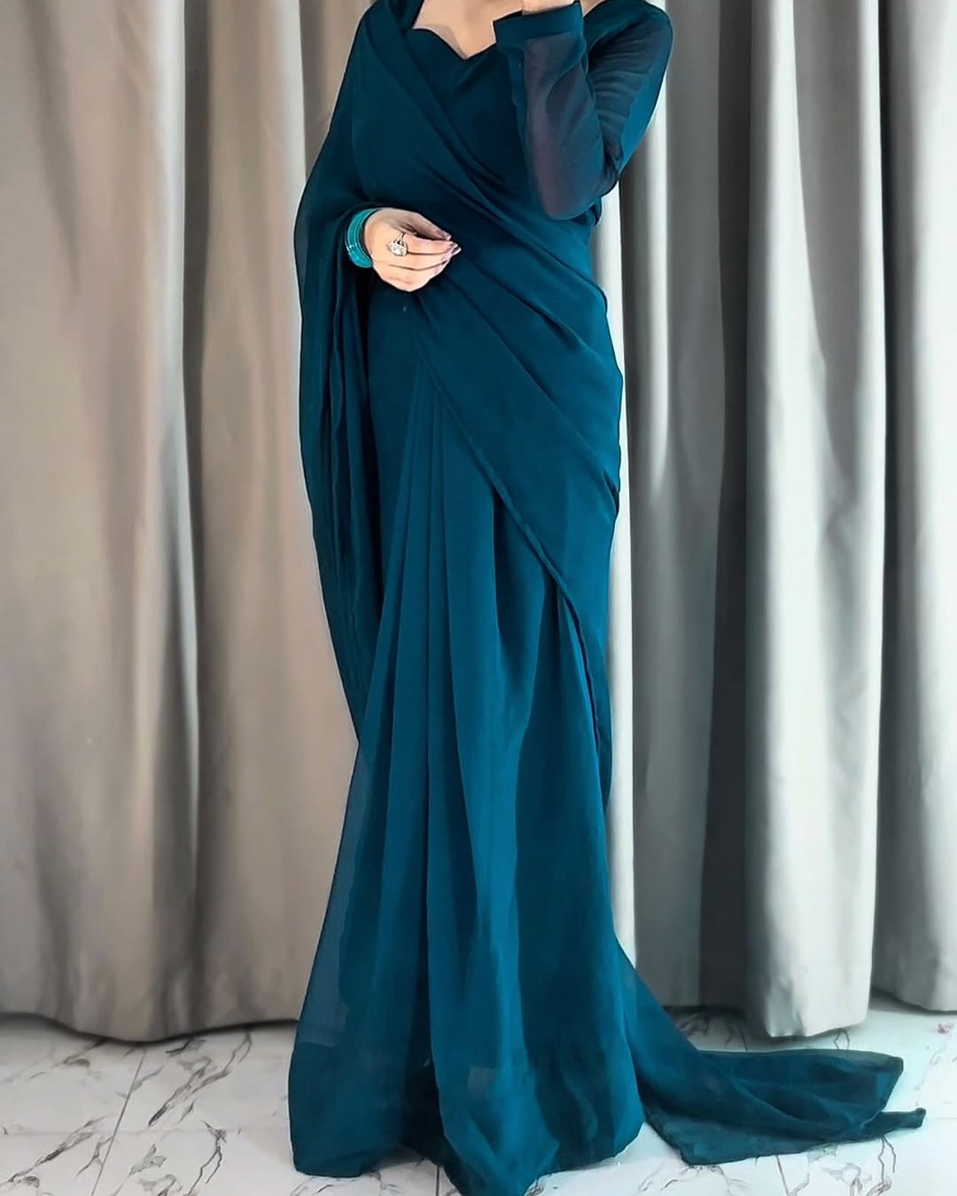 Plain Heart Shaped Neck Grace Signature Chiffon Saree (Stitched)