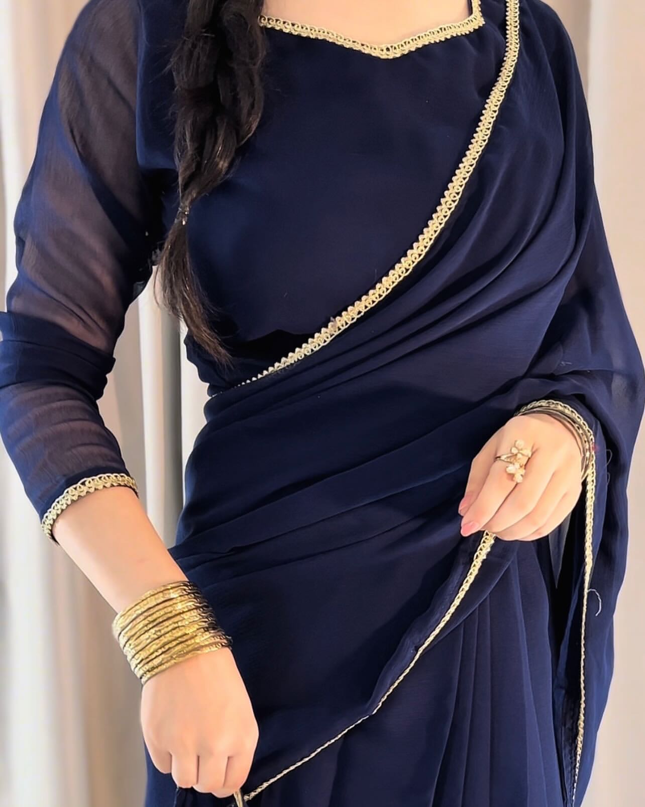 Lace Work Chiffon Saree Stitched