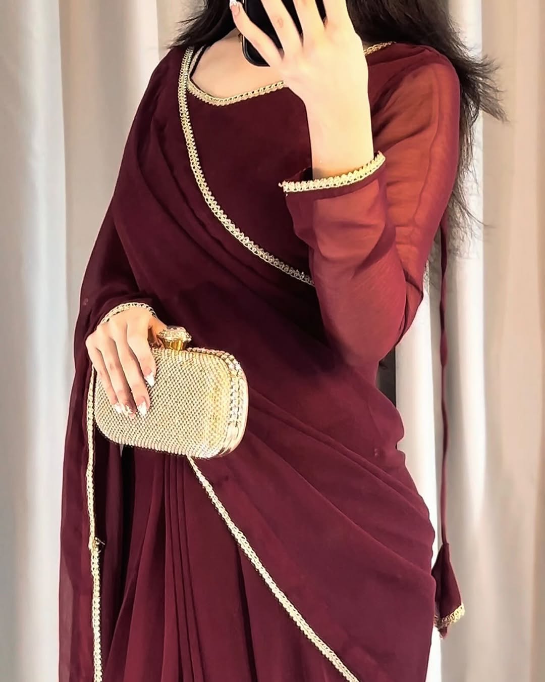 Lace Work Chiffon Saree Stitched