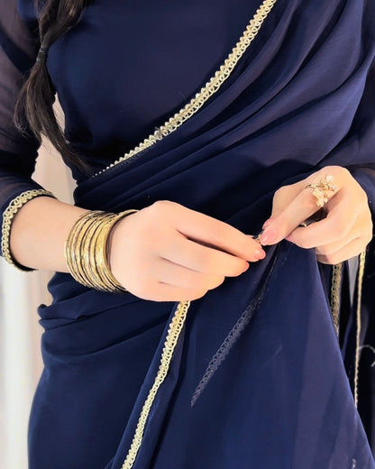 Lace Work Chiffon Saree Stitched