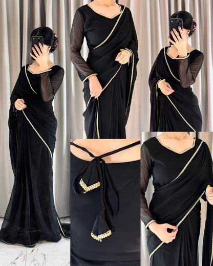 Lace Work Chiffon Saree Stitched