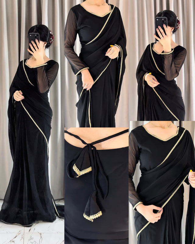 Lace Work Chiffon Saree Stitched