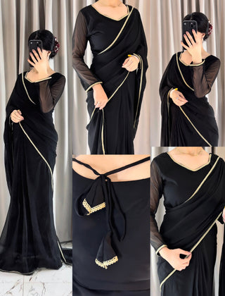Lace Work Chiffon Saree Stitched
