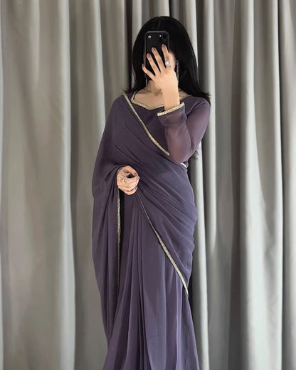 Lace Work Chiffon Saree Stitched