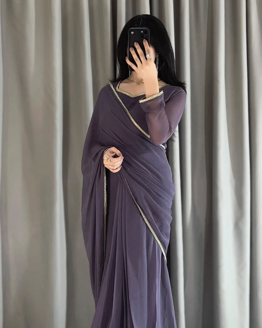 Lace Work Chiffon Saree Stitched