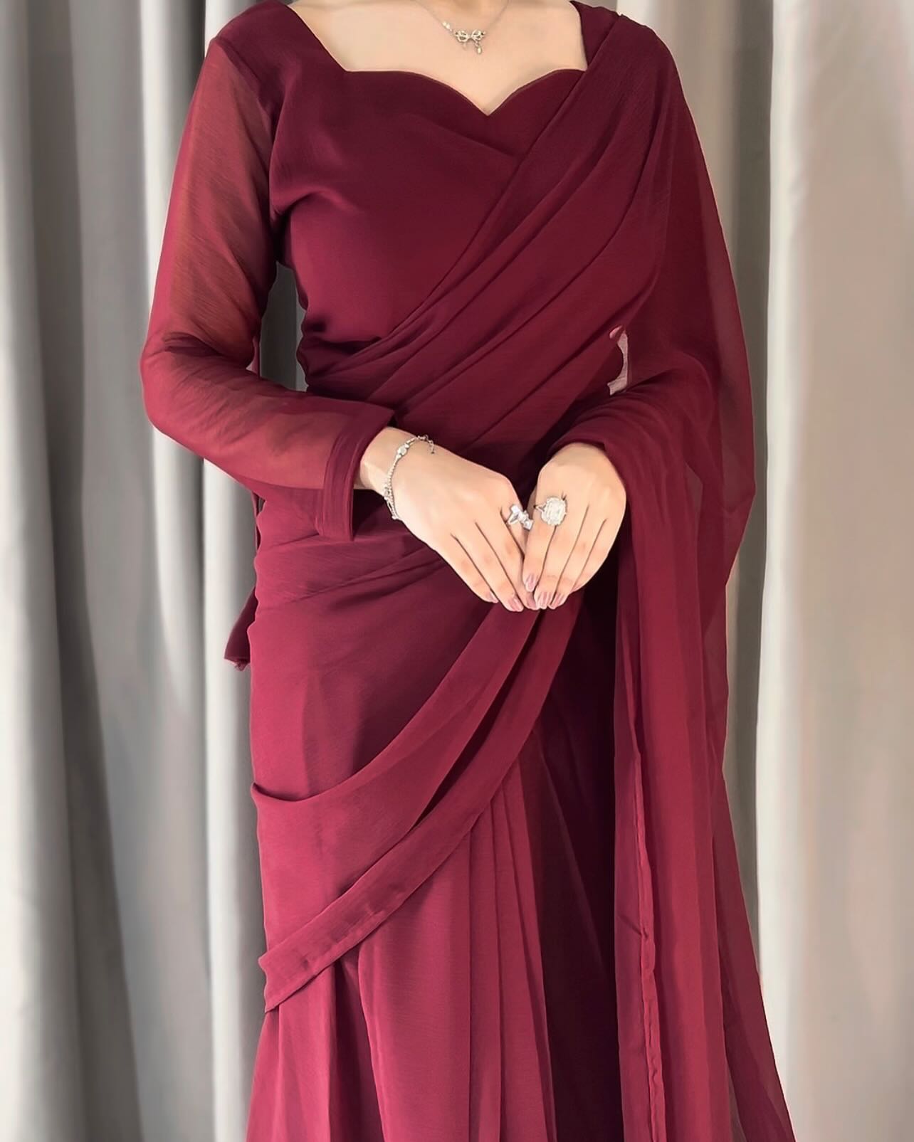 Plain Heart Shaped Neck Grace Signature Chiffon Saree (Stitched)
