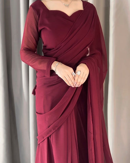Plain Heart Shaped Neck Grace Signature Chiffon Saree (Stitched)