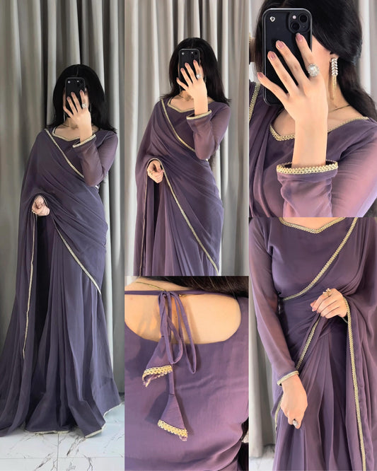 Lace Work Chiffon Saree Stitched