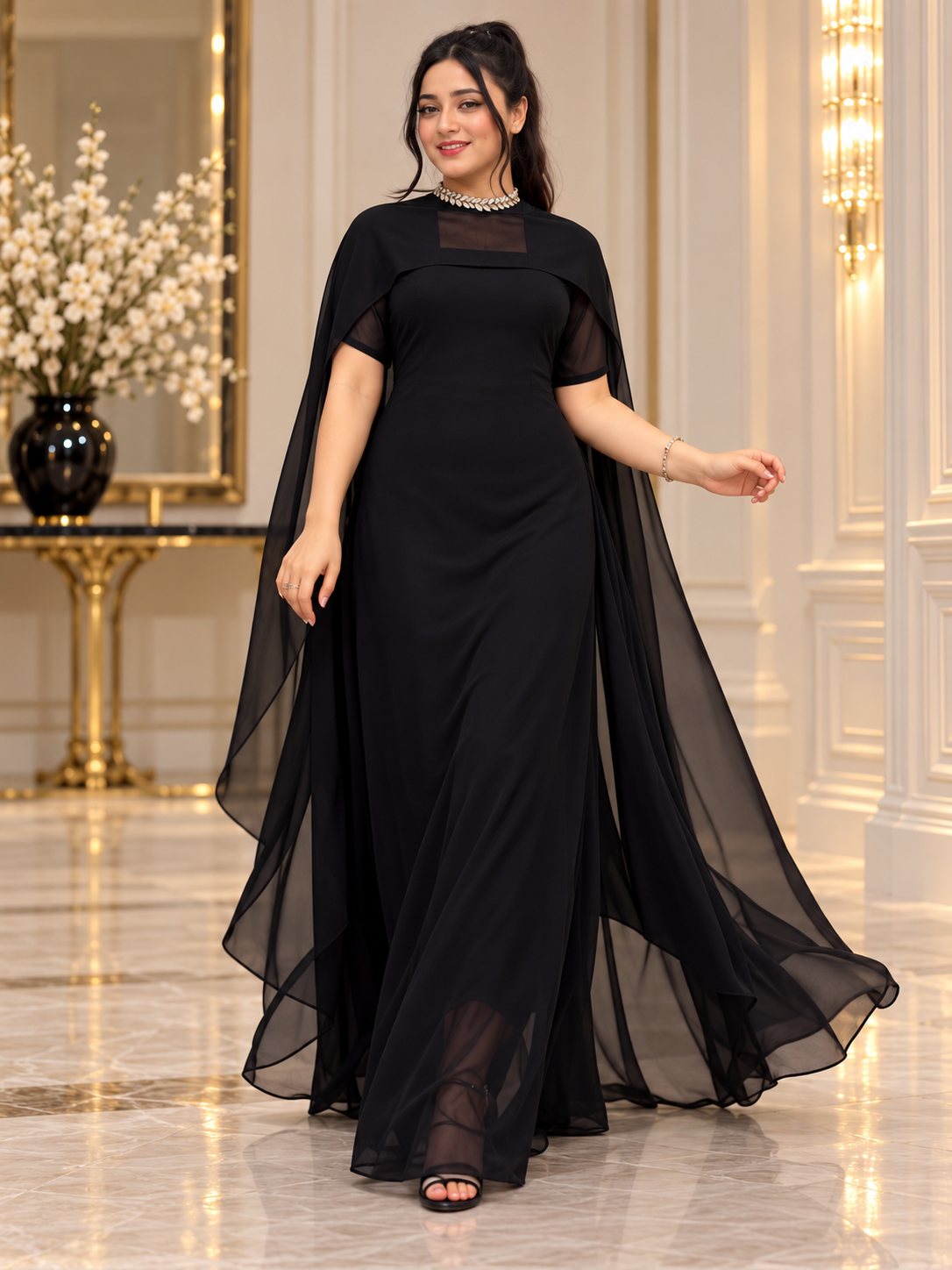 Flowing Cape Chiffon Set Stitched
