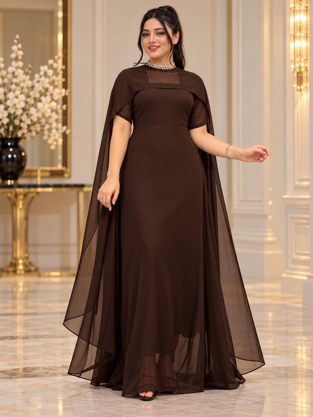 Flowing Cape Chiffon Set Stitched
