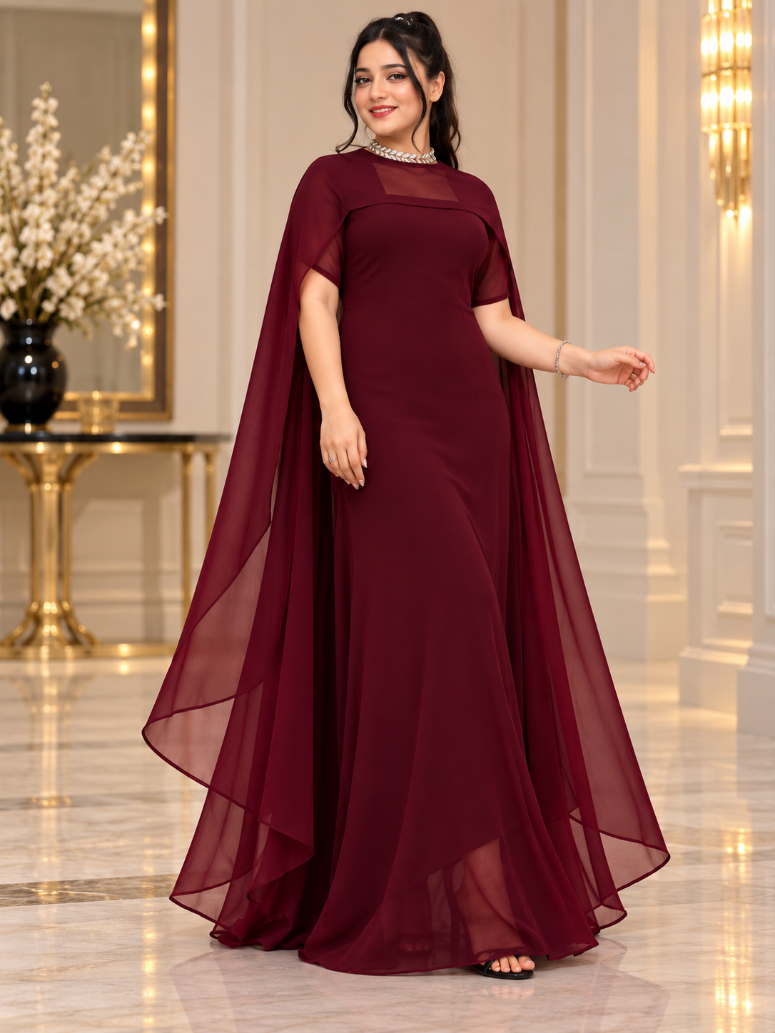 Flowing Cape Chiffon Set Stitched
