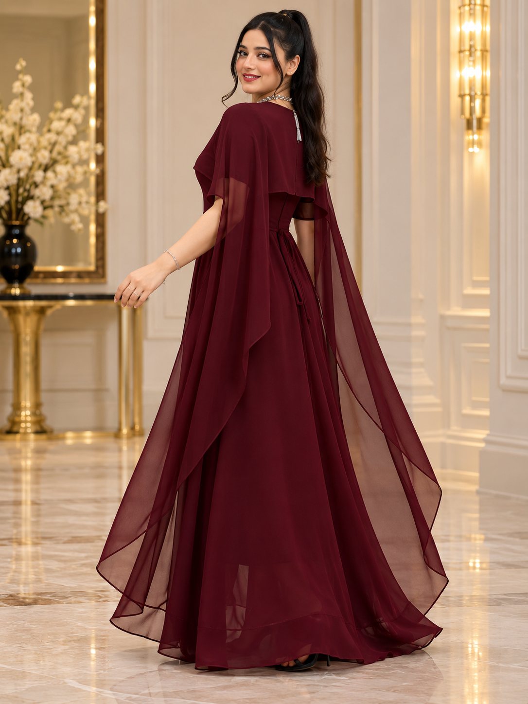 Flowing Cape Chiffon Set Stitched