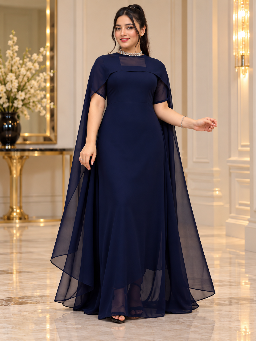 Flowing Cape Chiffon Set Stitched