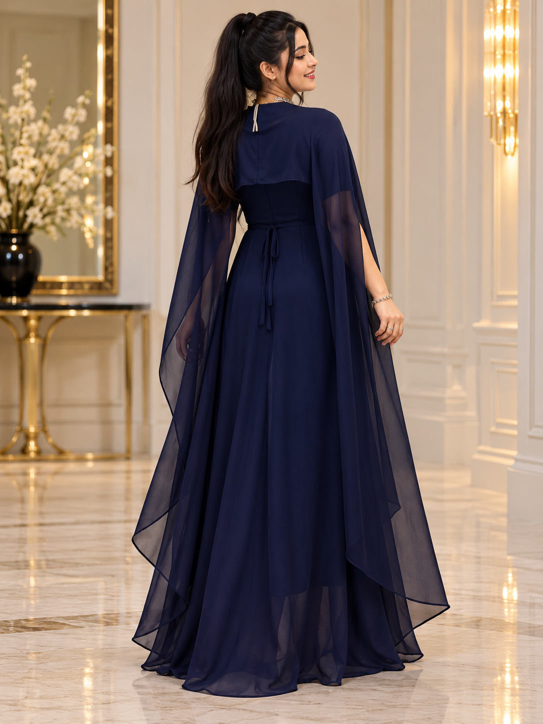 Flowing Cape Chiffon Set Stitched