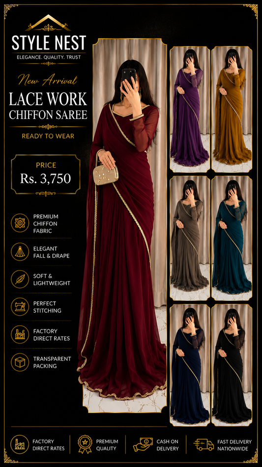 Lace Work Chiffon Saree Stitched