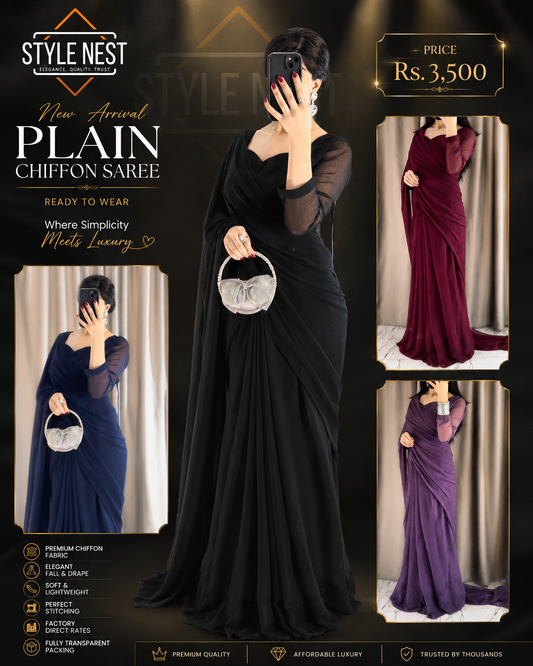 Plain Heart Shaped Neck Grace Signature Chiffon Saree (Stitched)