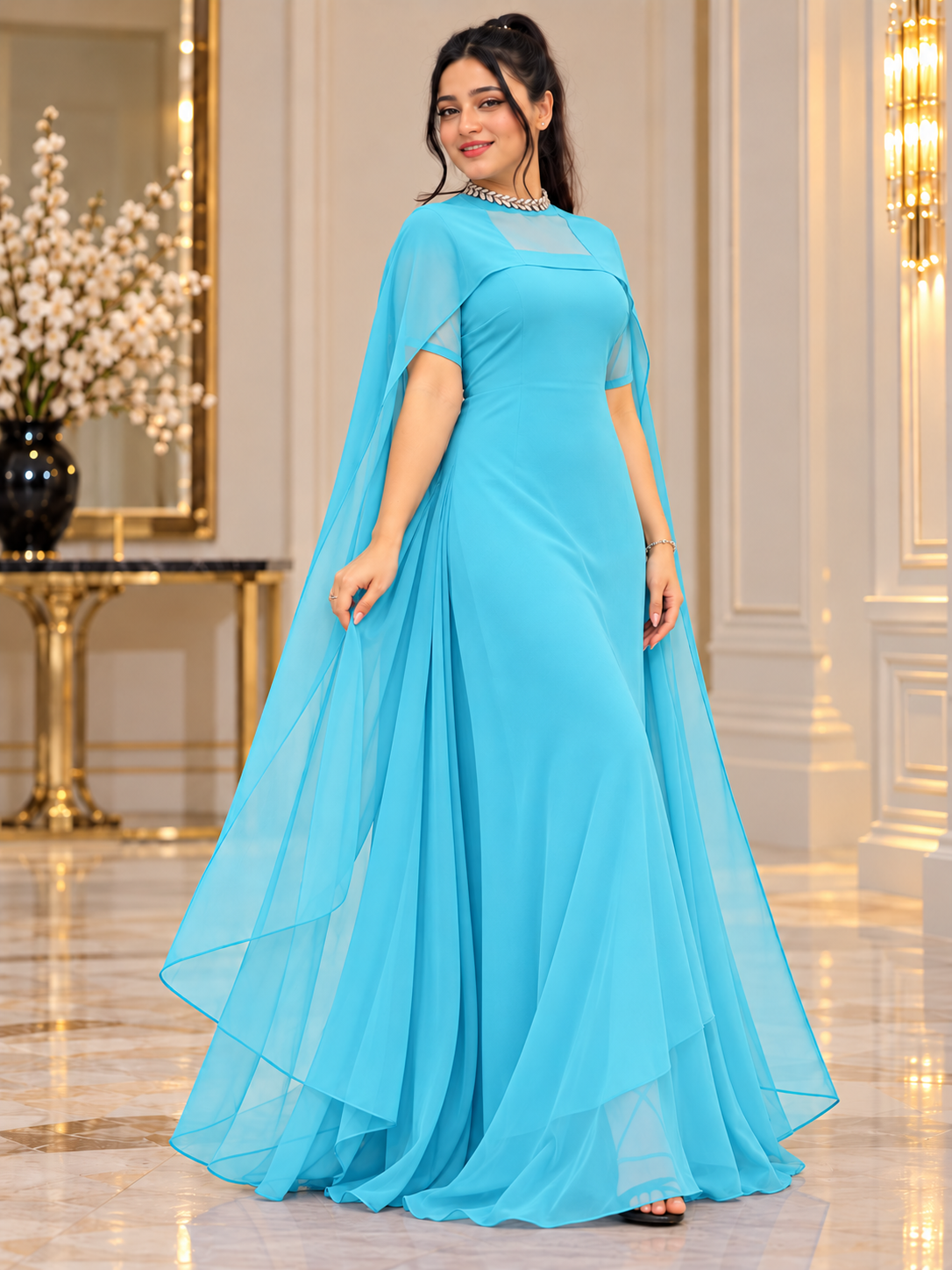 Flowing Cape Chiffon Set Stitched
