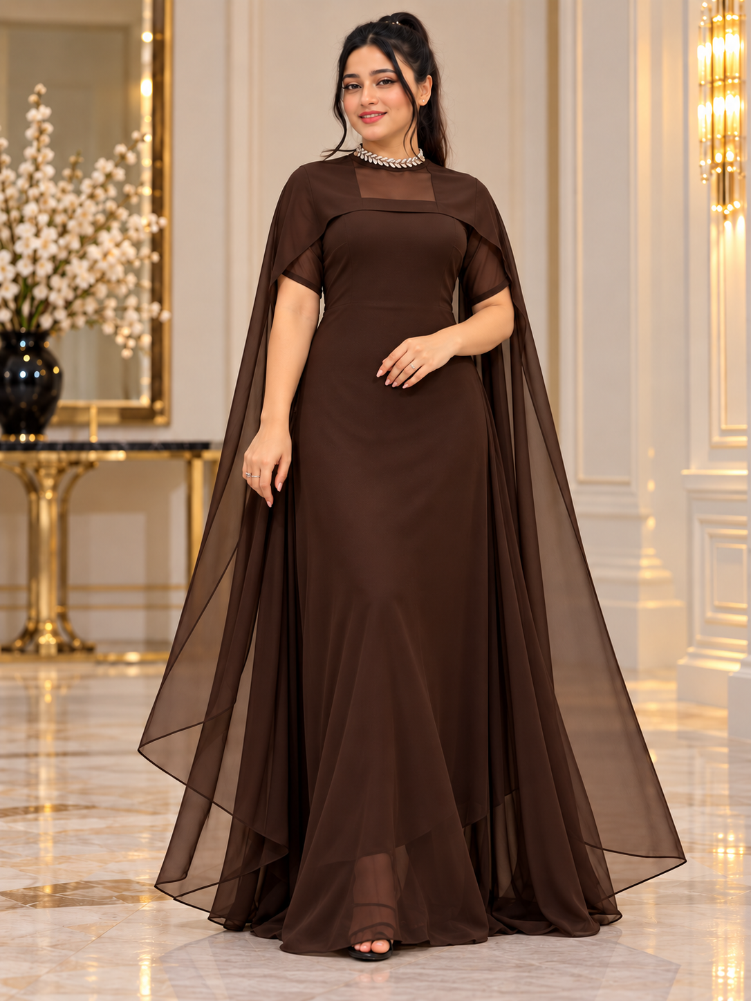 Flowing Cape Chiffon Set Stitched