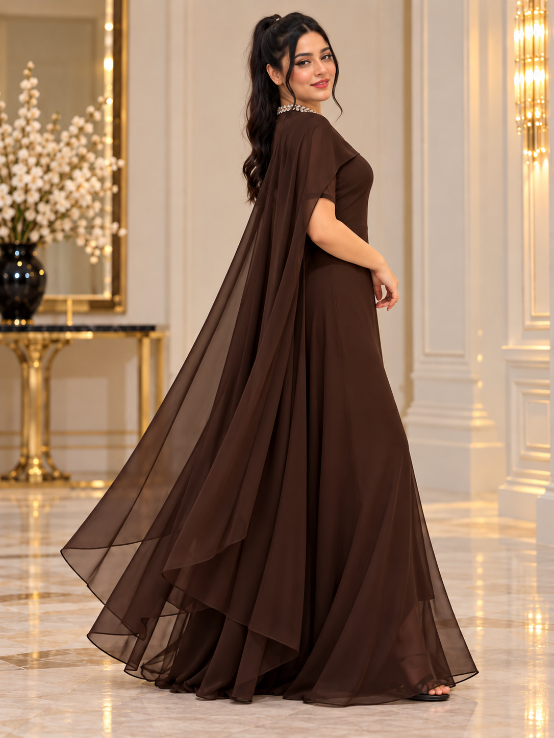 Flowing Cape Chiffon Set Stitched