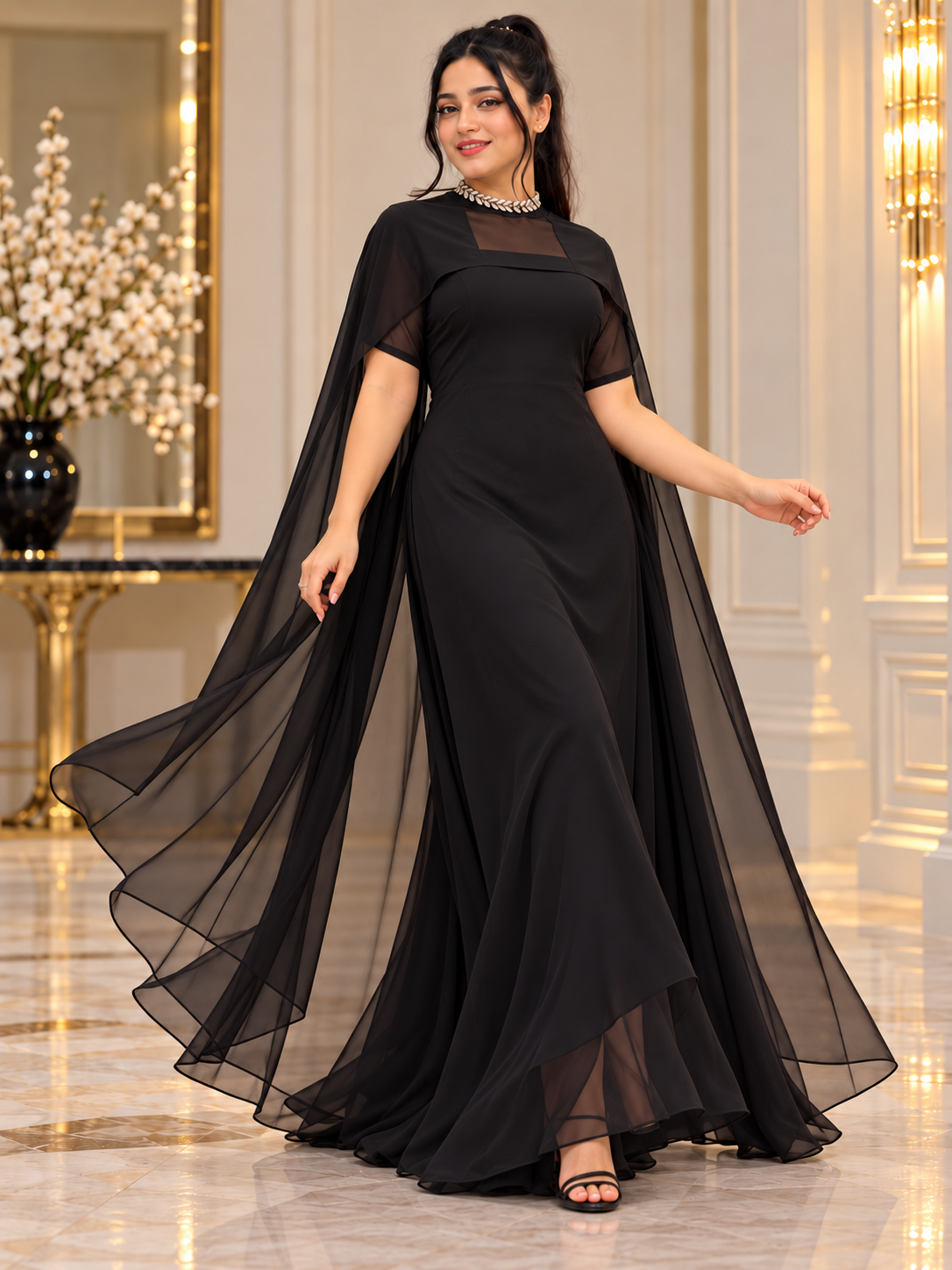 Flowing Cape Chiffon Set Stitched