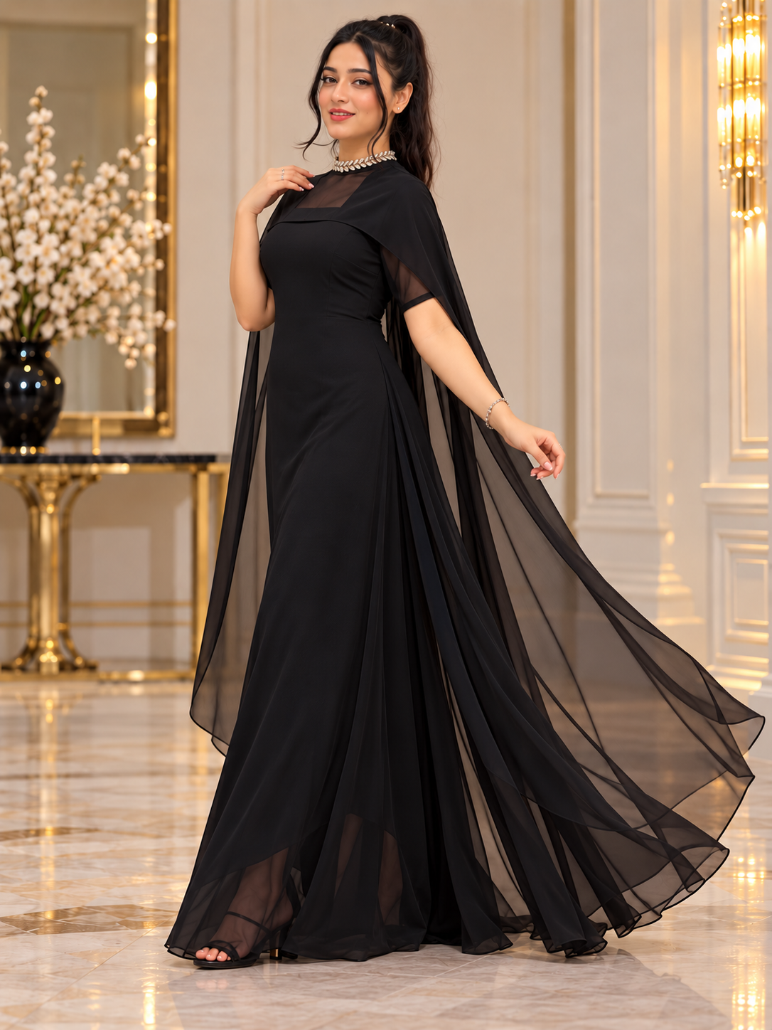 Flowing Cape Chiffon Set Stitched