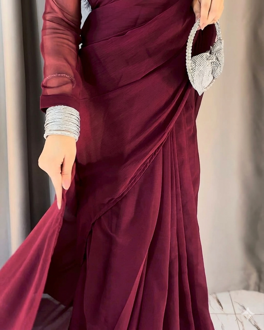 Plain Heart Shaped Neck Grace Signature Chiffon Saree (Stitched) – Style  Nest