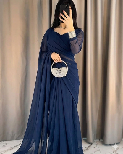 Plain Heart Shaped Neck Grace Signature Chiffon Saree (Stitched)