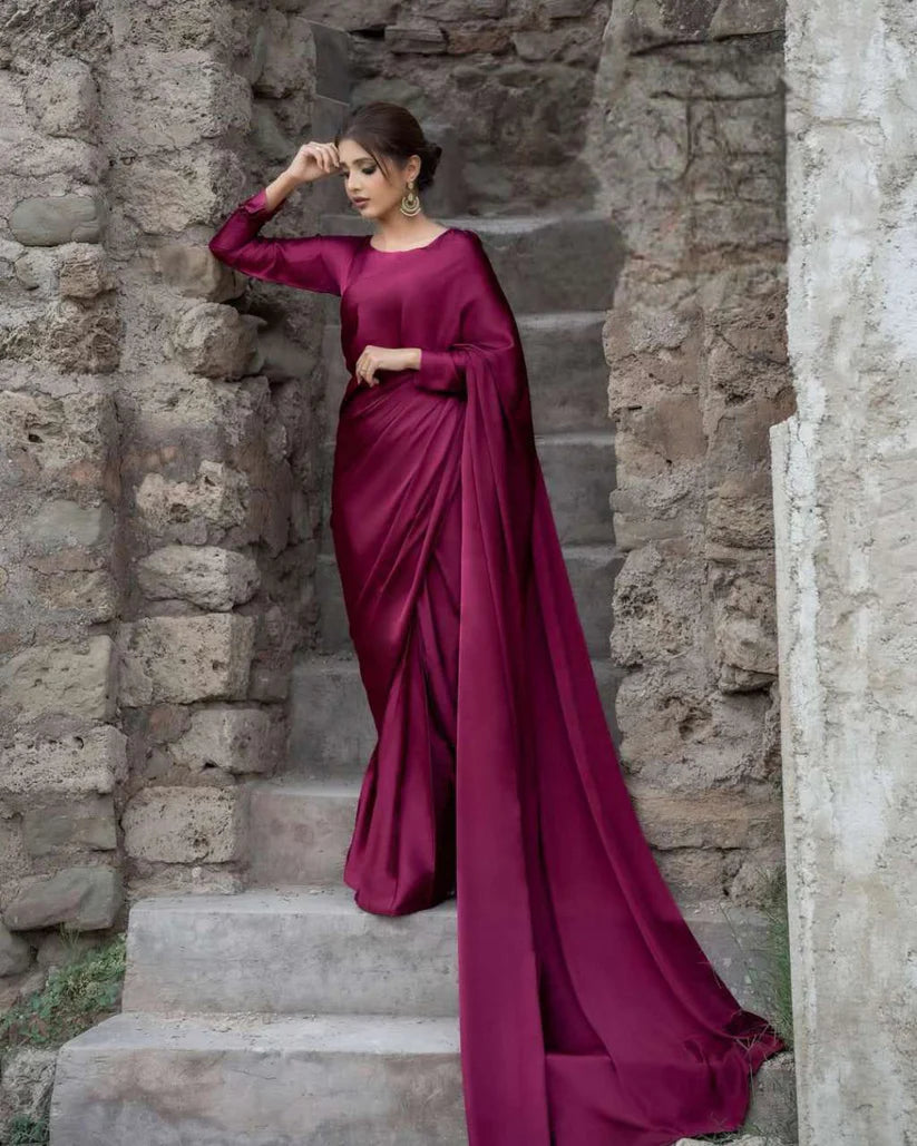 Margenta Stitched Plain Silk Saree