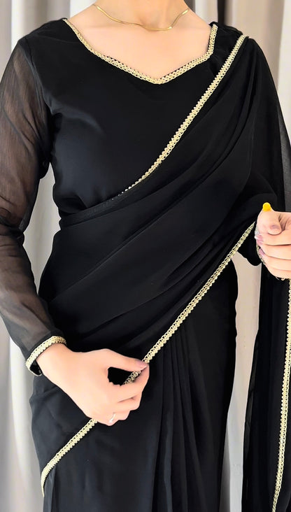 Lace Work Chiffon Saree Stitched