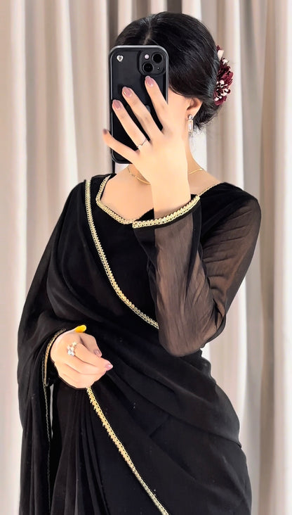 Lace Work Chiffon Saree Stitched