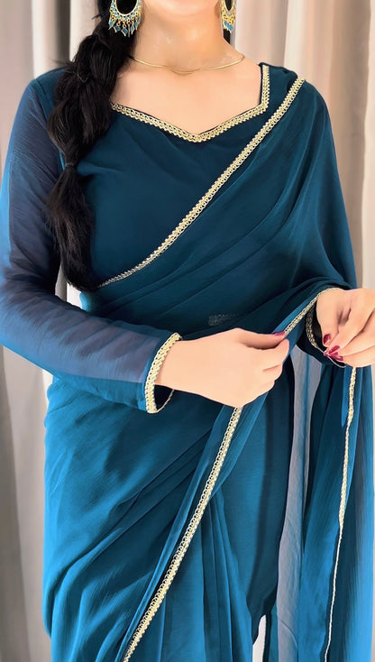 Lace Work Chiffon Saree Stitched