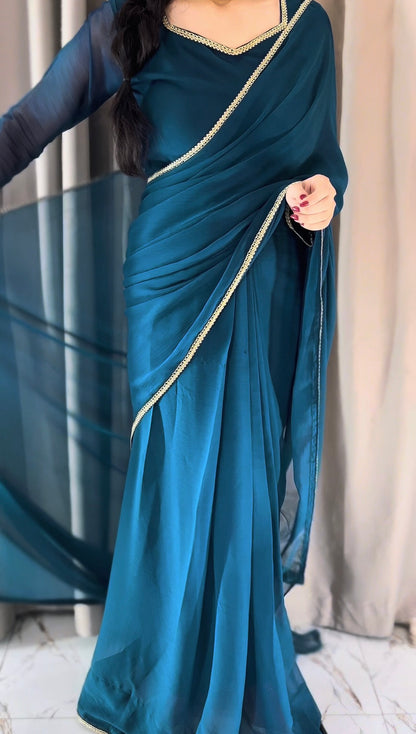 Lace Work Chiffon Saree Stitched