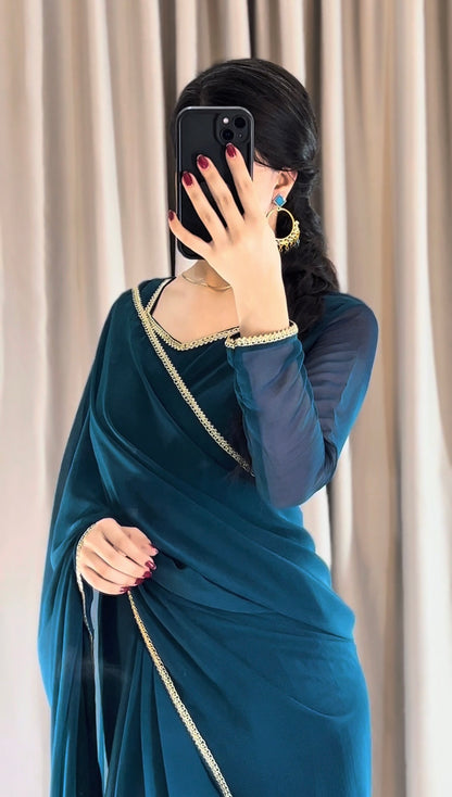 Lace Work Chiffon Saree Stitched