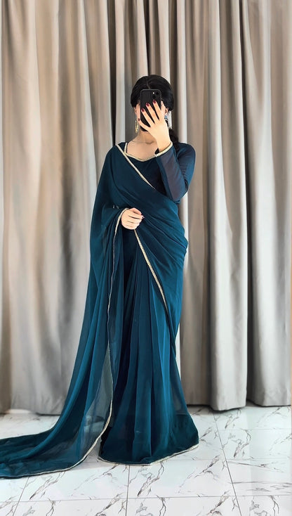 Lace Work Chiffon Saree Stitched