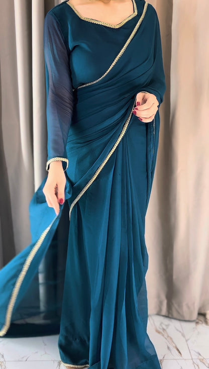 Lace Work Chiffon Saree Stitched