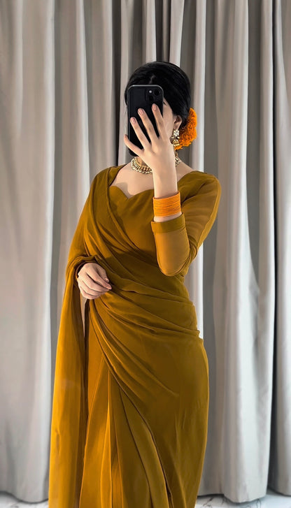 Plain Heart Shaped Neck Grace Signature Chiffon Saree (Stitched)