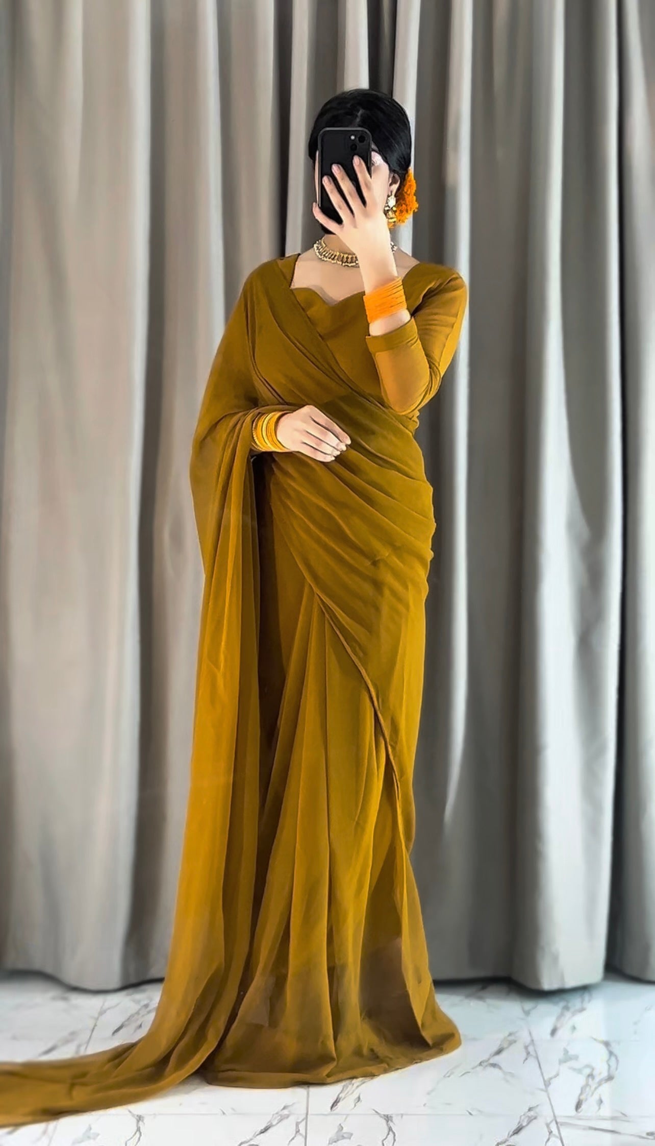 Plain Heart Shaped Neck Grace Signature Chiffon Saree (Stitched)