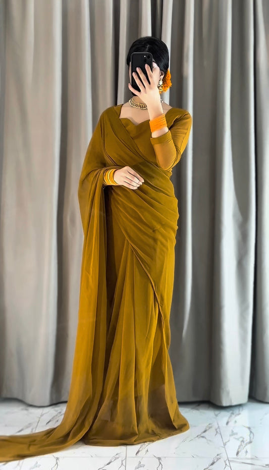Plain Heart Shaped Neck Grace Signature Chiffon Saree (Stitched)
