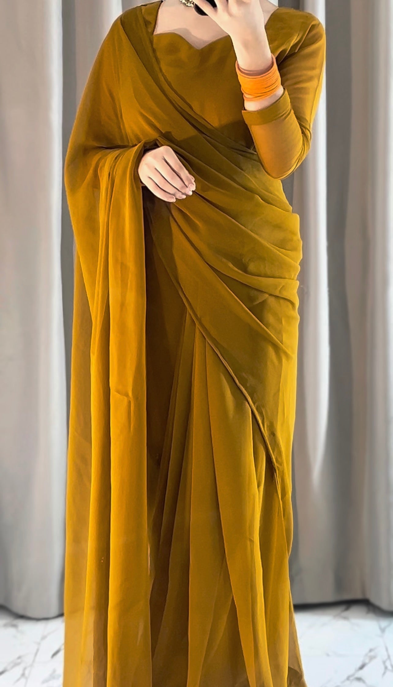 Plain Heart Shaped Neck Grace Signature Chiffon Saree (Stitched)