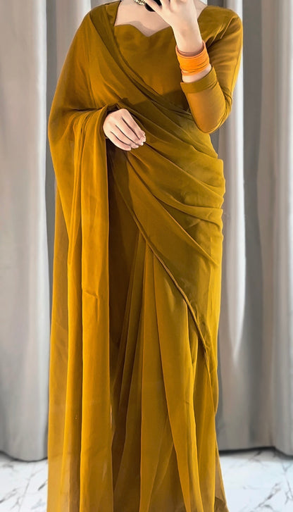 Plain Heart Shaped Neck Grace Signature Chiffon Saree (Stitched)