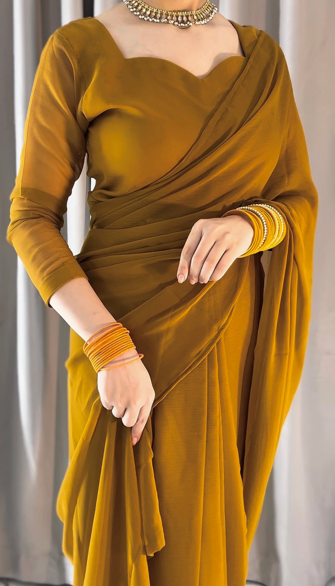 Plain Heart Shaped Neck Grace Signature Chiffon Saree (Stitched)